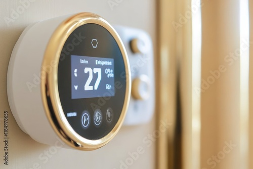 Smart thermostat mounted on white wall, showing 27c temperature, enabling precise home climate management and energy saving technology photo