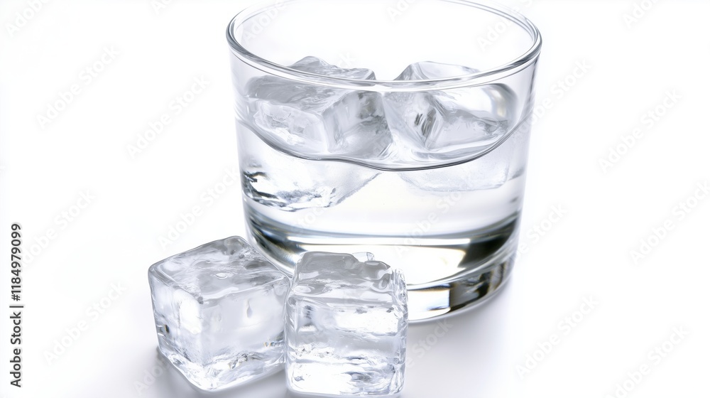 A Glass of Water and Two Ice Cubes on a White Surface - Generative AI A Glass of Water and Two Ice Cubes on a White Surface - Generative AI