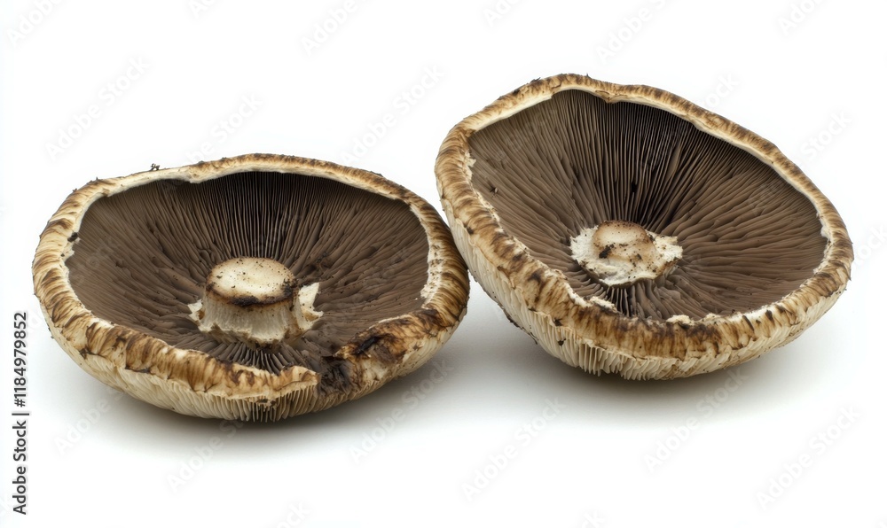 Two mushroom caps close up against white background. Two mushroom caps close up against white background.