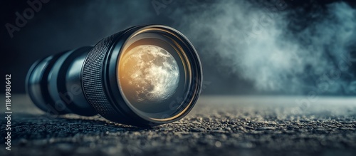 Camera lens with moon reflection, lying on ground, dark background, smoky atmosphere. photo