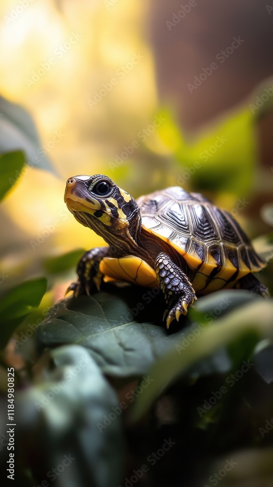 A close-up of a small turtle on a leaf, showcasing its vibrant yellow and black shell amidst lush greenery. A close-up of a small turtle on a leaf, showcasing its vibrant yellow and black shell amidst lush greenery.
