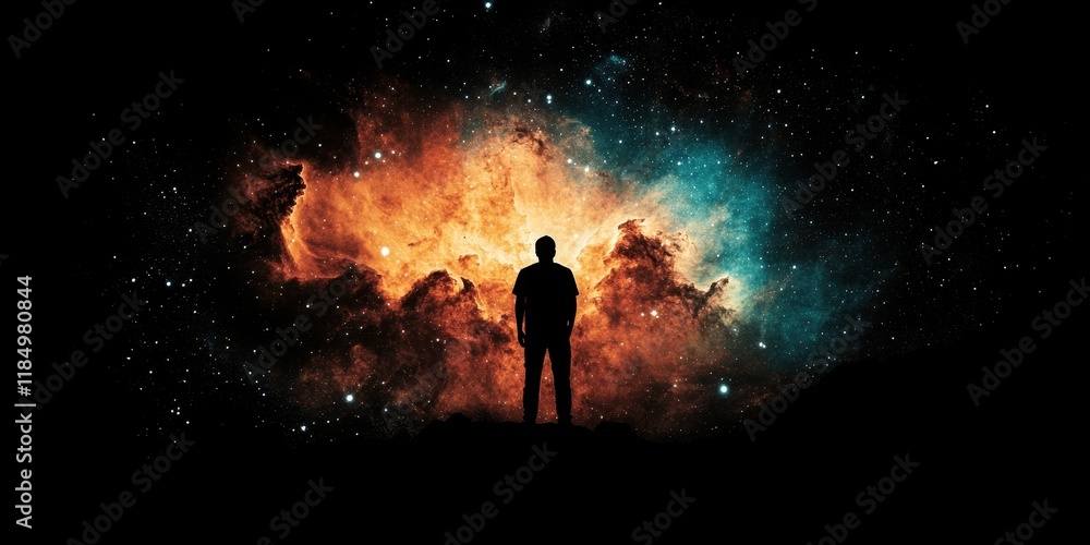 Fototapeta premium A Solitary Figure Contemplates a Cosmic Nebula