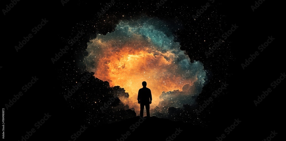 Fototapeta premium A Solitary Figure Contemplates A Cosmic Nebula