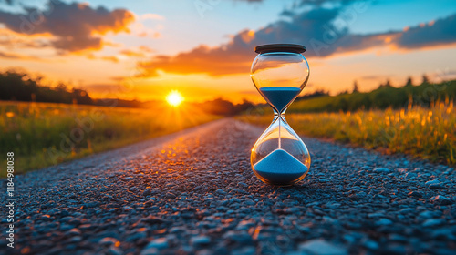 An elegant hourglass rests on a smooth surface, its sand halfway through, symbolizing the relentless passage of time. Blurred seasonal imagery in the background captures life’s fleeting cycles.

