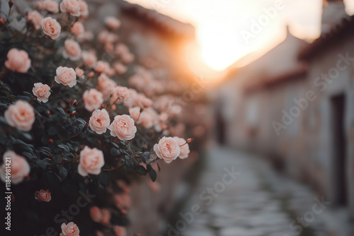 Romantic pink roses blooming along a cobblestone alley in a historic village at sunset with soft bokeh effect