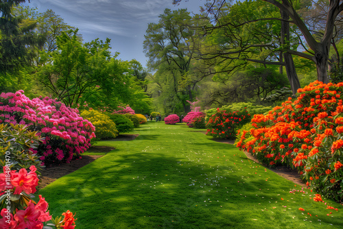 Beautiful garden path lined with colorful flowers and lush greenery. photo