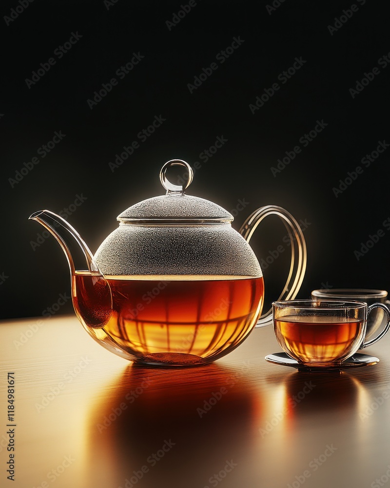 Elegant glass teapot with a cup, showcasing rich tea against a dark background. Elegant glass teapot with a cup, showcasing rich tea against a dark background.