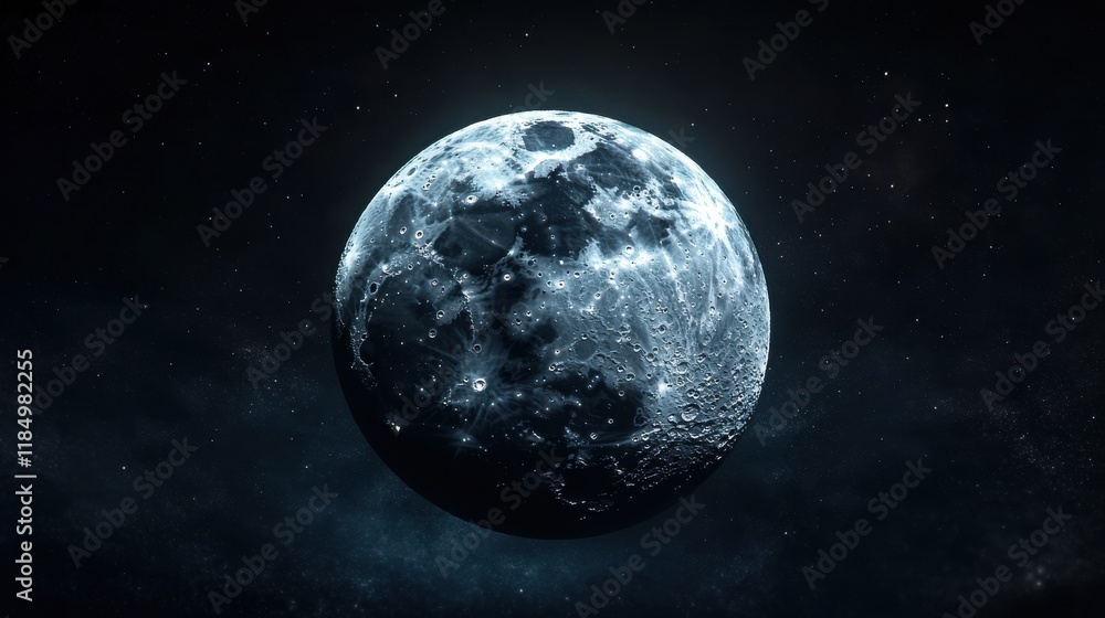 Naklejka premium A stunning close-up of the moon's surface, highlighting its craters and textures against a starry dark background.