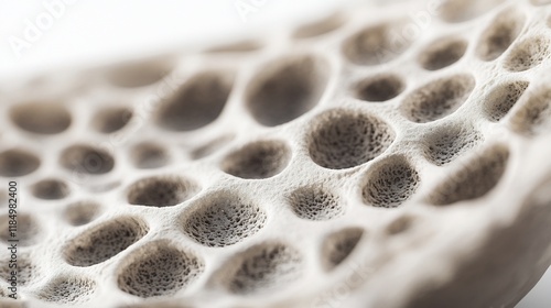 Close-up macro shot of porous bone structure, showing intricate detail and texture. photo