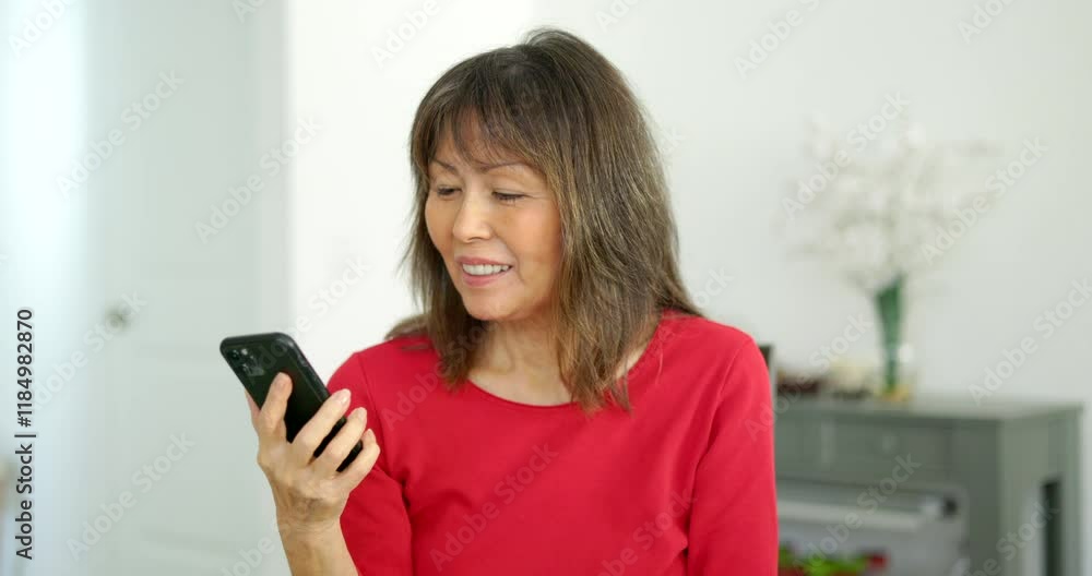 Cheerful woman enjoying smartphone video chat sitting at home head shot Cheerful woman enjoying smartphone video chat sitting at home head shot