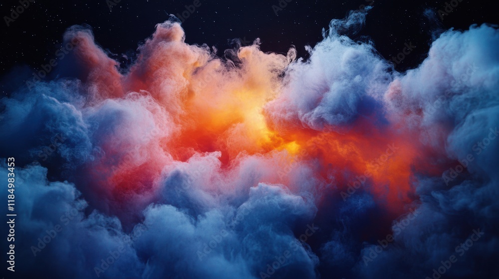 Vibrant clouds illuminated by fiery hues blend together in a dramatic night sky. Vibrant clouds illuminated by fiery hues blend together in a dramatic night sky.