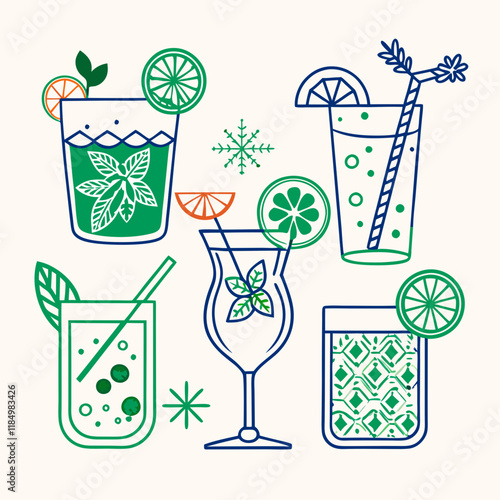 Craft cocktails, Illustration of colorful cocktails with mint and citrus fruits