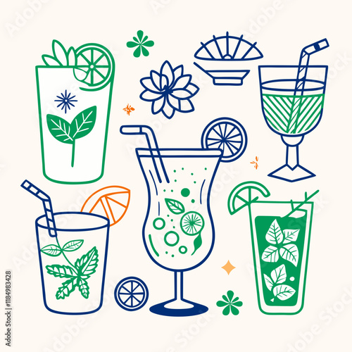 Craft cocktails, Colorful cocktails with garnish and straws on light background