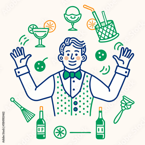 Flair bartending, Bartender juggling drinks with a cheerful expression