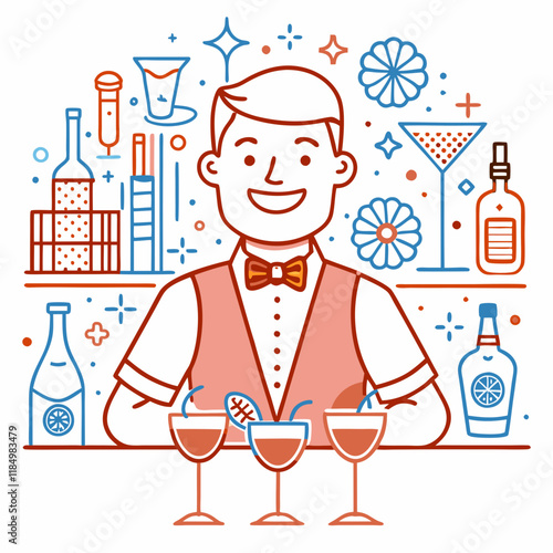 Happy bartender, Bartender smiling with cocktails on colorful background