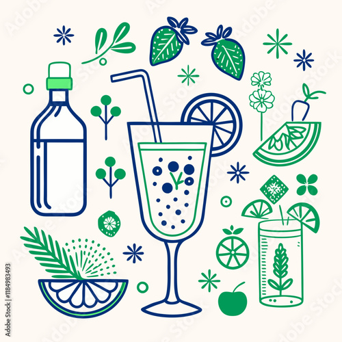 Mixology art, Stylish beverage illustrations with fruits and greens