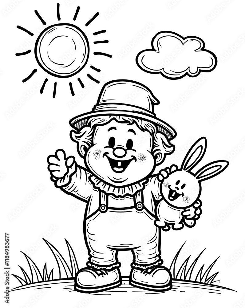 Obraz premium Happy Farmer Boy with Bunny Friend in Garden