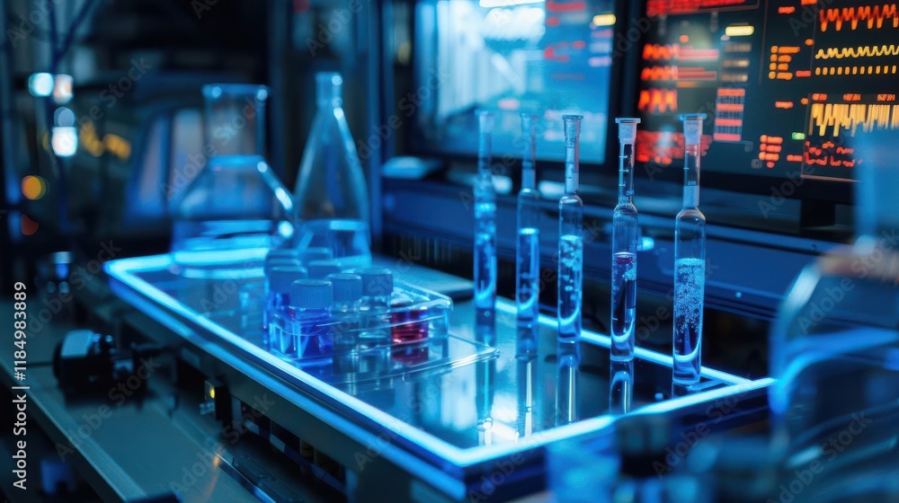 Laboratory setup with glassware and digital displays for scientific research and experimentation. Laboratory setup with glassware and digital displays for scientific research and experimentation.