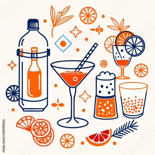 Cocktail mixing, Colorful cocktail illustrations with fruits and drinks