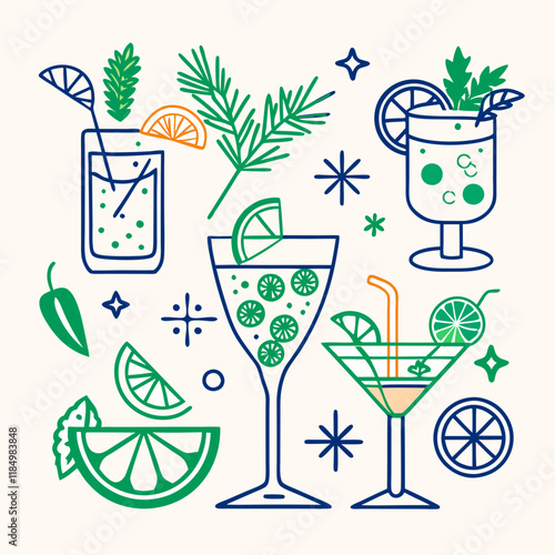 Cocktail garnishes, Colorful cocktail illustrations on light background
