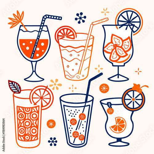 Colorful illustrated cocktails on a beige background
