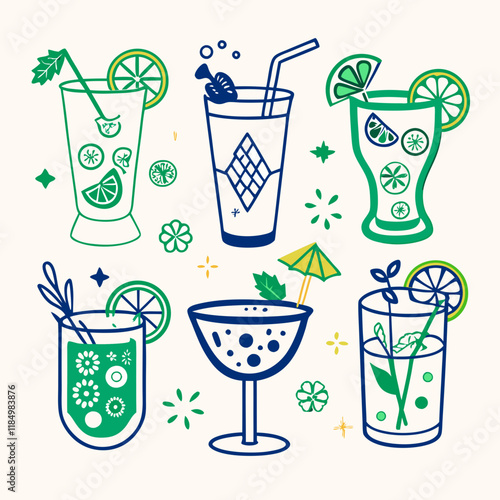 Colorful cocktail drinks illustration on beige background
