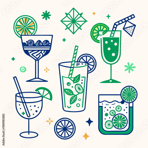 Illustration of colorful cocktails and lime slices