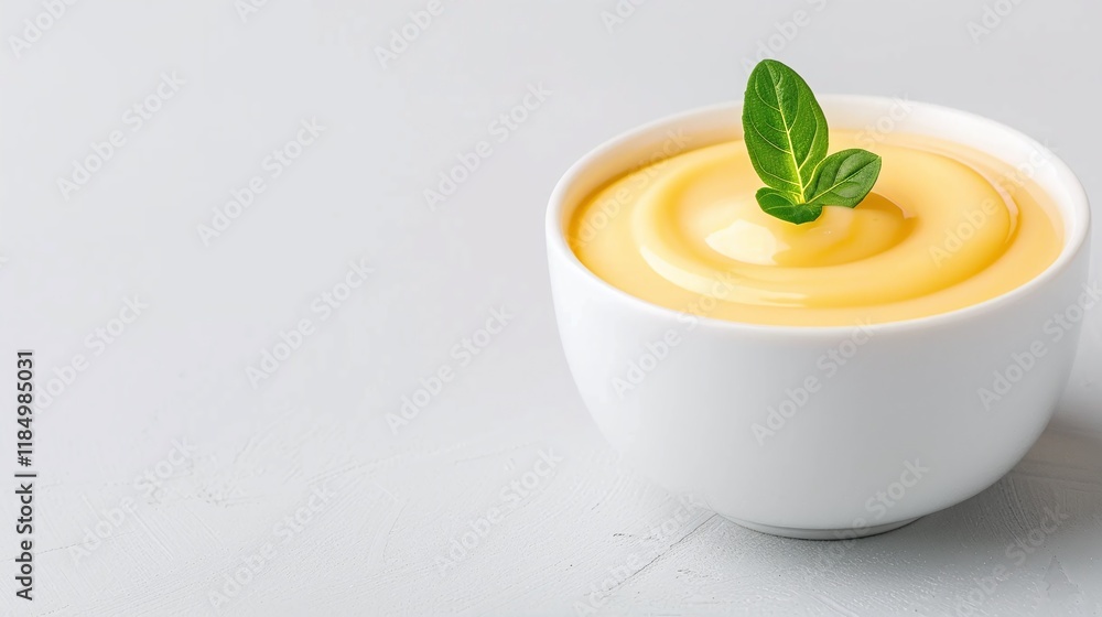 Smooth yellow mousse in a white ramekin, garnished with fresh mint leaves, isolated on white background, flat lay dessert composition, minimalistic gourmet food design, elegant sweet treat
Smooth yellow mousse in a white ramekin, garnished with fresh mint leaves, isolated on white background, flat lay dessert composition, minimalistic gourmet food design, elegant sweet treat