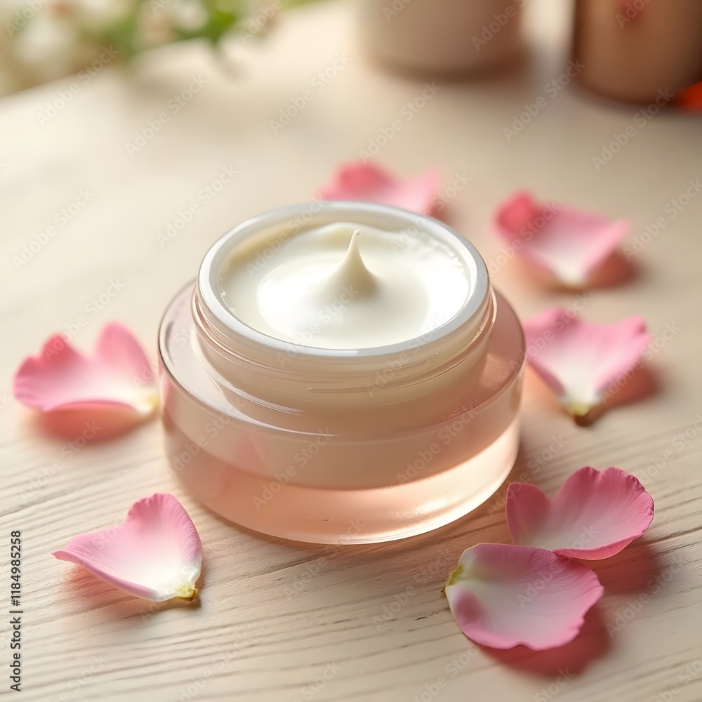 Rose Petal Perfection Luxury Skincare Cream Jar on Wooden Surface Rose Petal Perfection Luxury Skincare Cream Jar on Wooden Surface