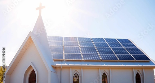 solar panels on church roof ground view bright sunshine