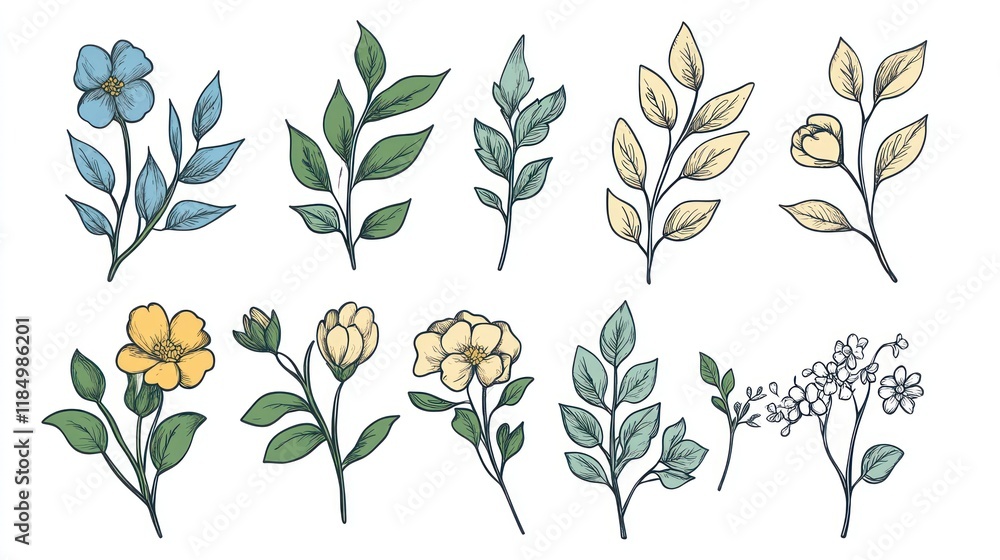 Pastel floral line art elements, white background, design resource Pastel floral line art elements, white background, design resource
