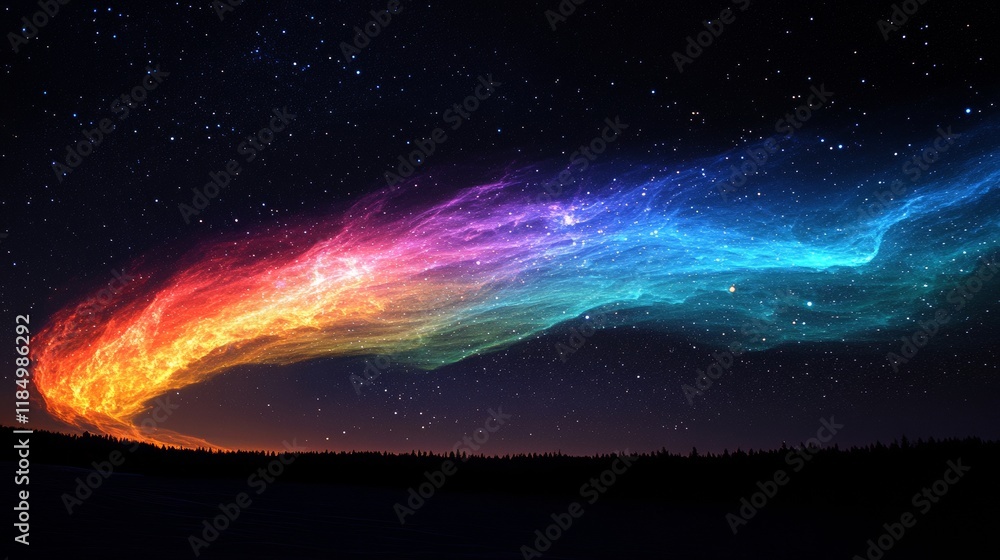 Obraz premium Arctic aurora borealis over night lake in starry sky, polar lights natural landscape. Northern amazing iridescent glowing wavy illumination shining above water surface, Cartoon vector illustration