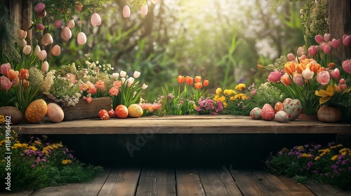 Wooden table with easter or spring theme blurred background
