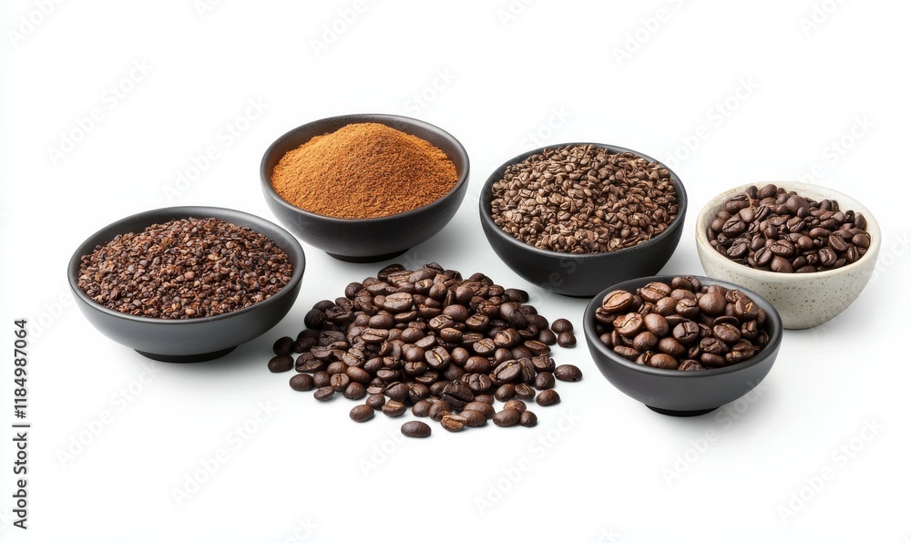 White background with a variety of spices and coffee beans in bowls. The spices are arranged in a way that they look like they are being used in a recipe. White background with a variety of spices and coffee beans in bowls. The spices are arranged in a way that they look like they are being used in a recipe.