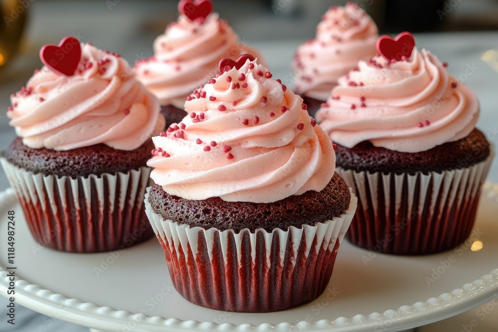 Delicious red velvet cupcakes decorated with pink frosting and heart-shaped sprinkles for valentine's day Delicious red velvet cupcakes decorated with pink frosting and heart-shaped sprinkles for valentine's day