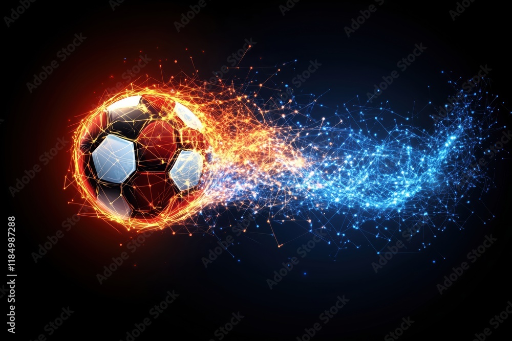 Fototapeta premium Soccer ball in motion with vibrant trails of light representing speed and energy