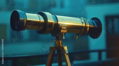 A golden telescope set on a tripod, capturing the beauty of the night sky. photo