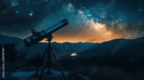 A powerful telescope points towards the breathtaking night sky filled with stars and the Milky Way.
