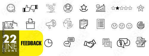 feedback line icons sheet including, customer support, review, nps, complaints, quick response, interaction, survey, customer loyalty, top rated, feedback loop, conversation, stats, pie chart and more