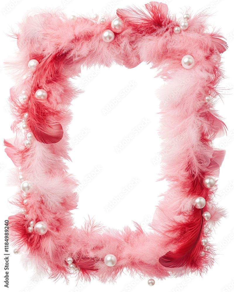 Pink and red feather frame decorated with pearls for romantic Valentine's Day. Transparent background, png image Pink and red feather frame decorated with pearls for romantic Valentine's Day. Transparent background, png image