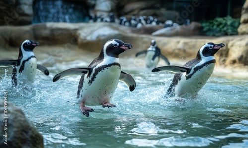 Wild penguins walking and splashing in a shallow body of water