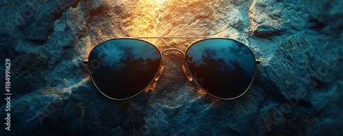 Aviator sunglasses reflecting cloudy sky on stone background photo