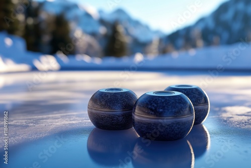 Three sleek dark curling stones resting on shimmering ice under a stunning snowy mountain backdrop. photo