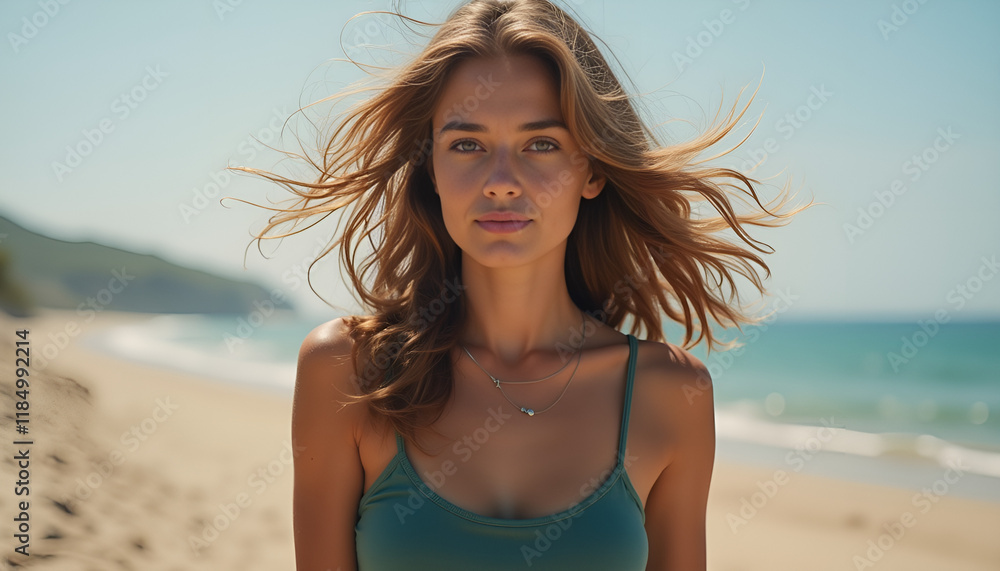 Woman with flowing hair on sunny beach. Woman with flowing hair on sunny beach.