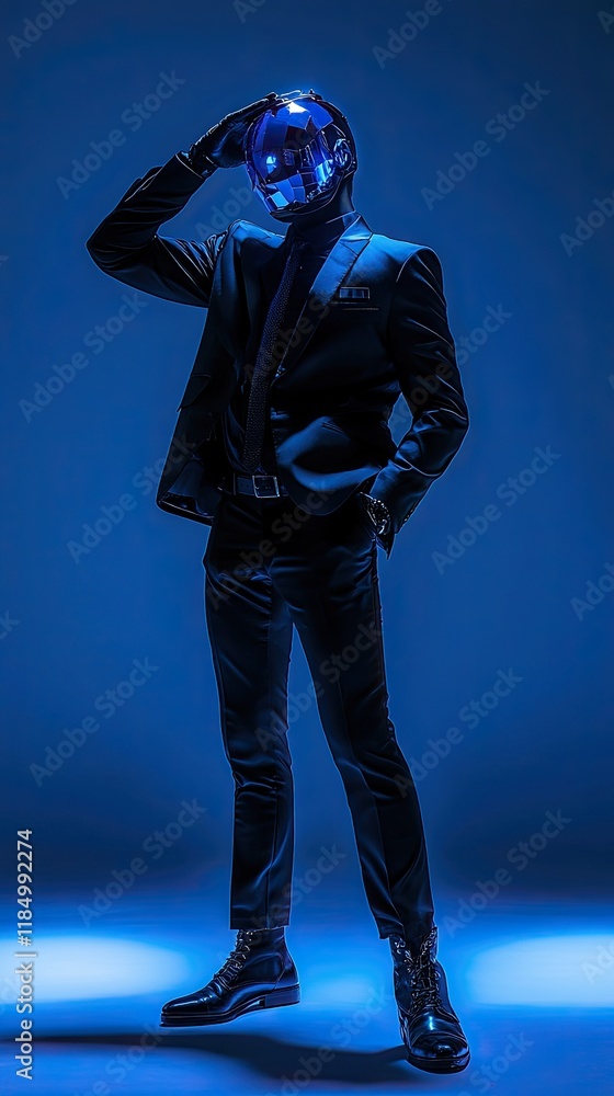 A trendy man with a disco ball as a head, dressed in a suit, posed on a blue background A trendy man with a disco ball as a head, dressed in a suit, posed on a blue background