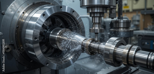 A detailed view of a metal workpiece being precisely machined with water cooling in a manufacturing facility. Various tools and machinery are engaged in the process photo