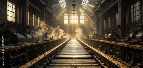 Wallpaper Mural Early morning light streams through large windows of an abandoned railway station. Dust particles dance in the beams, highlighting old machinery and empty tracks, evoking nostalgia Torontodigital.ca