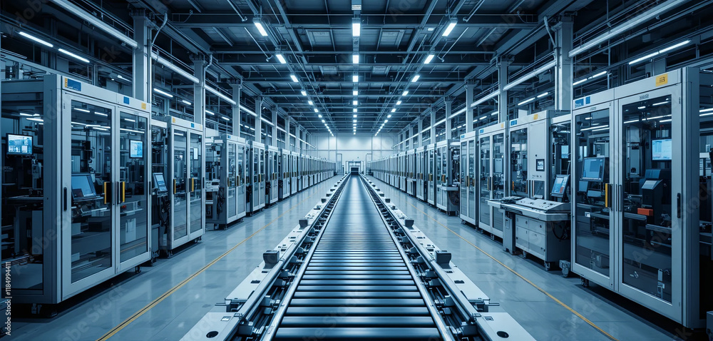 High-tech manufacturing facility showcases an extensive assembly line with advanced machinery used for efficient product manufacturing and quality control High-tech manufacturing facility showcases an extensive assembly line with advanced machinery used for efficient product manufacturing and quality control