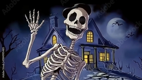 Cartoon skeleton waving near spooky haunted house at night. photo