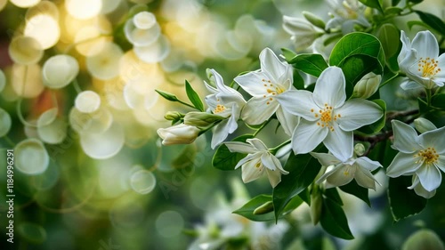 Bunch of white flowers with green leaves. The flowers are in the middle of the image. The background is green and blurry